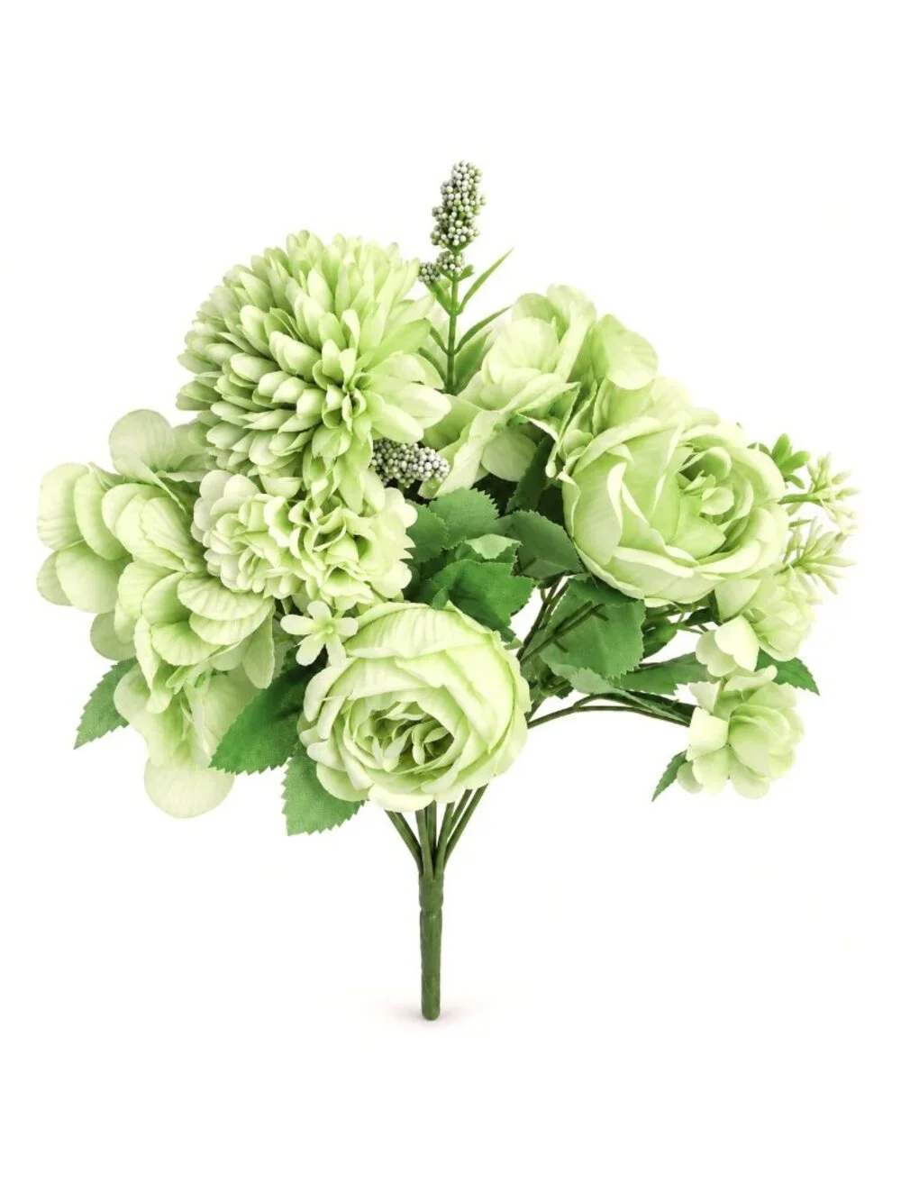 Light Green Artificial Flower Bush 7 Stem Faux Floral Bouquet Hydrangea Roses Mi
